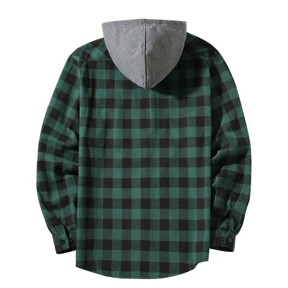 Men's Flannel Hoodie Jacket Casual Long Sleeve Button Down Plaid Shirt Green - Picture 2 of 5